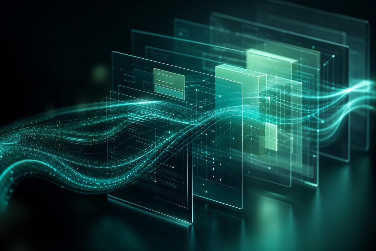 Abstract visualization of layered cloud architecture and secure data flows